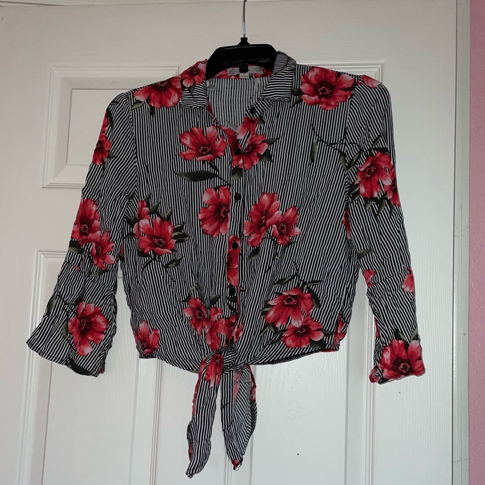 Floral Black and White Striped Button Up Shirt